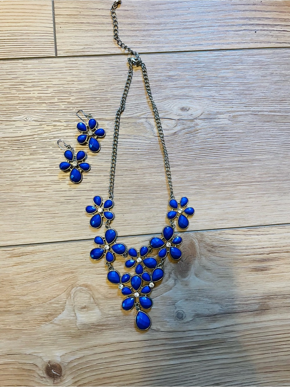Bold Blue Floral Statement Necklace and Earrings Set